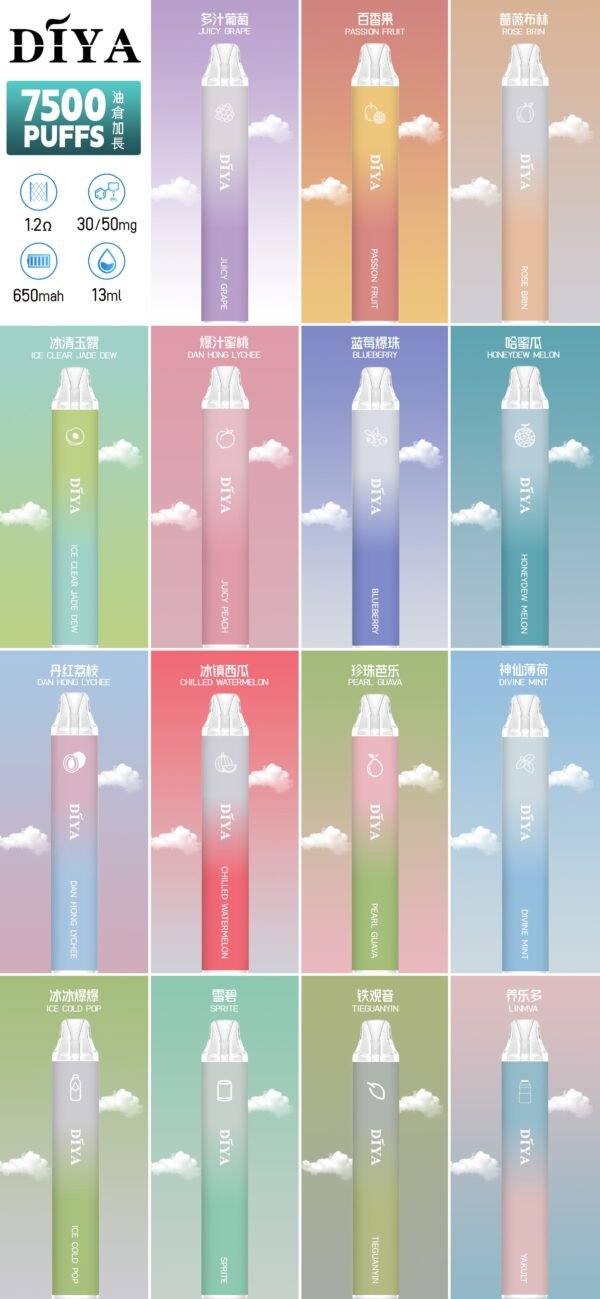 【DIYA叮啞7500口拋棄式】新款叮啞可充電霧化桿-叮啞7500口puffs油倉加長版電子煙-30/50mg