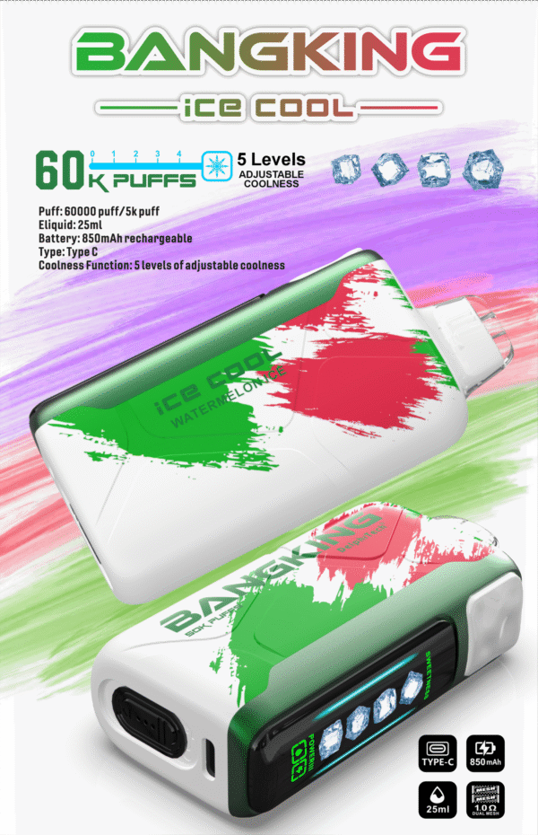 【Bang King Ice Cool 60000口拋棄式】爆款上新/一次性超大容量5級可調涼度可充電電子煙/派對解癮神器