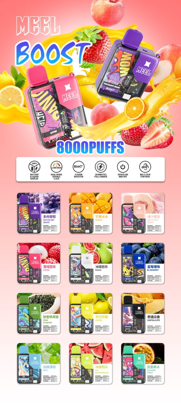 【MEEL BOOST麻將拋棄式】 新款一次性8000口PUFFS拋棄式 功率可以兩檔可調 具有發光帶屏幕顯示