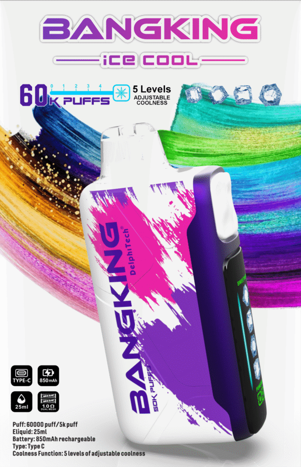 【Bang King Ice Cool 60000口拋棄式】爆款上新/一次性超大容量5級可調涼度可充電電子煙/派對解癮神器